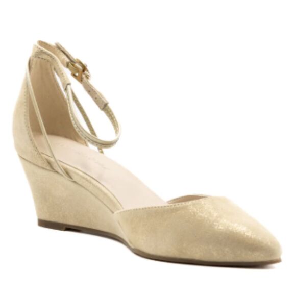 Steffie's Shoes I Size 10 I Suede Metallic Wedge Heel Strap Landmark I Tan Beige - Picture 2 of 16